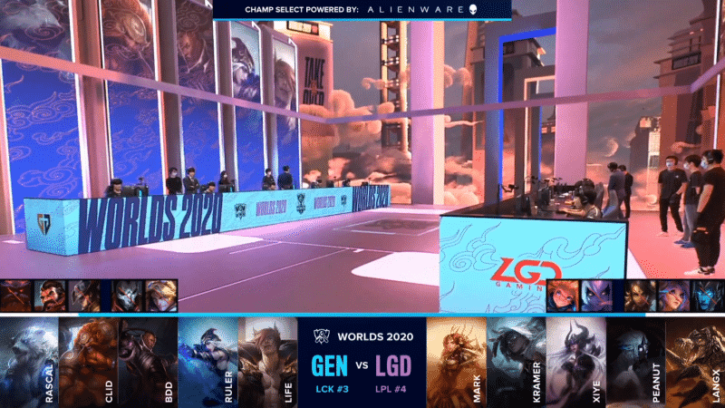 The Gen.G and LGD LoL teams on the Worlds 2020 stage with their game drafts below