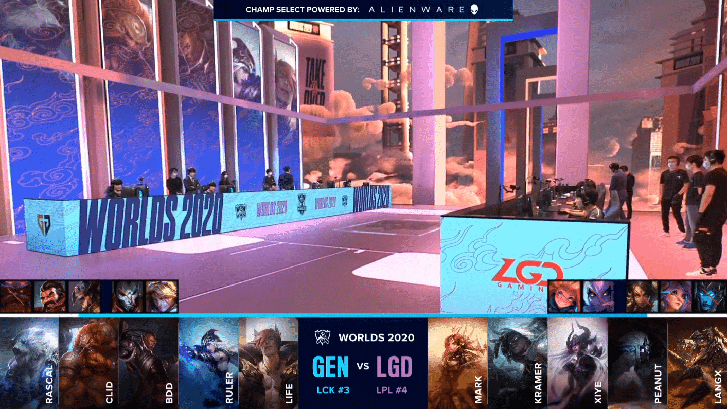 The Gen.G and LGD LoL teams on the Worlds 2020 stage with their game drafts below