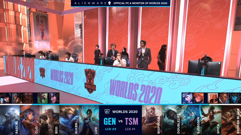 The TSM LoL roster before a Worlds 2020 match against Gen.G with their drafts below