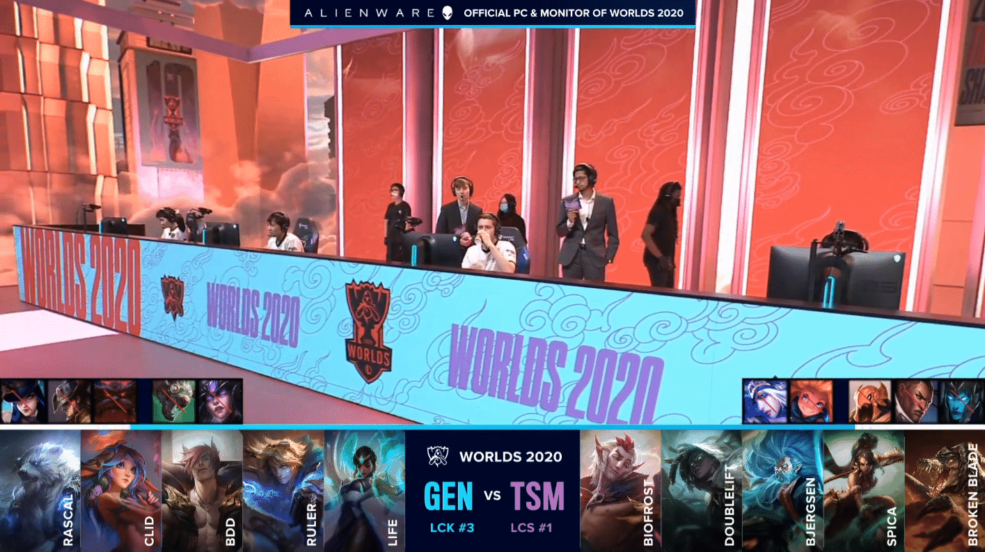 The TSM LoL roster before a Worlds 2020 match against Gen.G with their drafts below