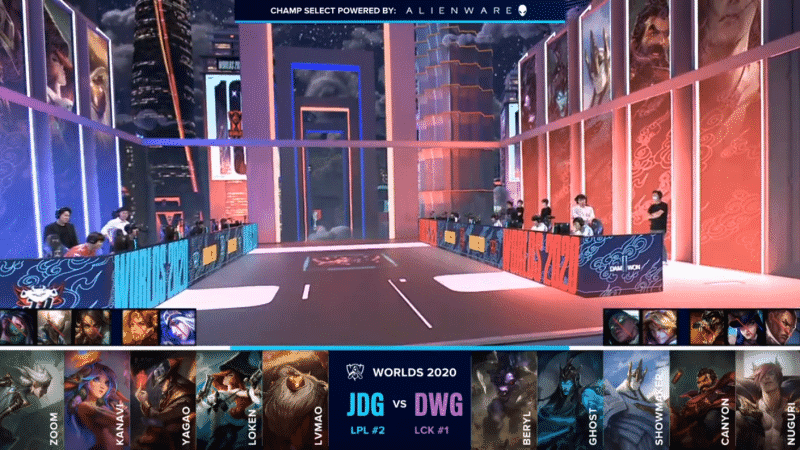 The JD Gaming and Damwon LoL teams on the Worlds 2020 stage with their drafts below