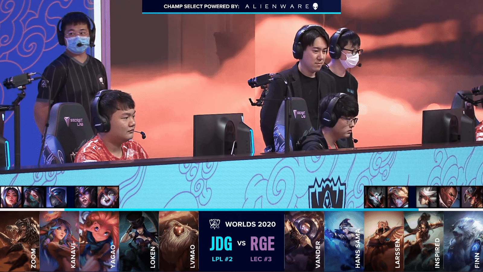 The JD Gaming LoL team preparing for a Worlds 2020 match against Rogue with the teams' drafts below