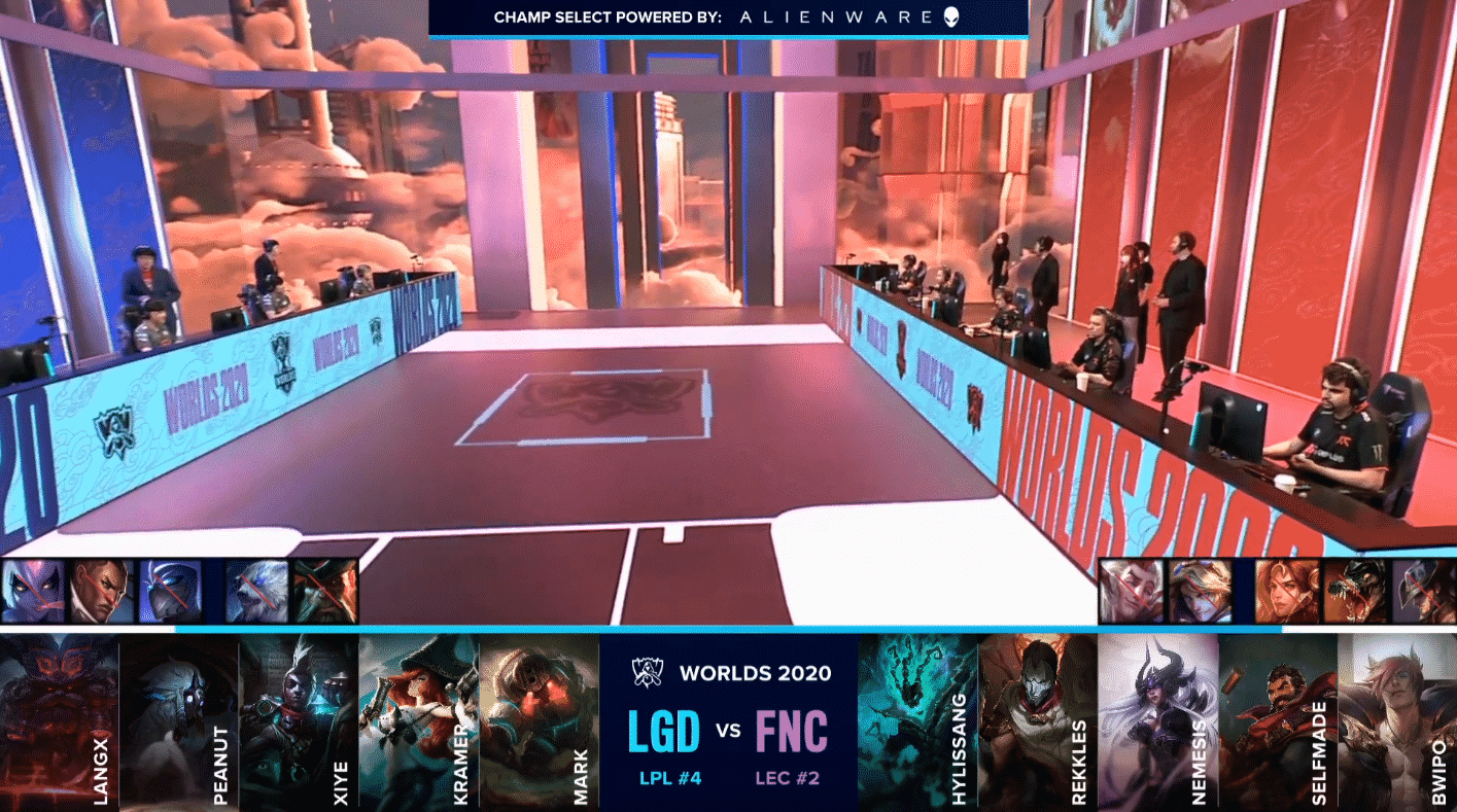 The LGD Gaming and Fnatic LoL teams on the Worlds 2020 stage before their match featuring their team compositions below