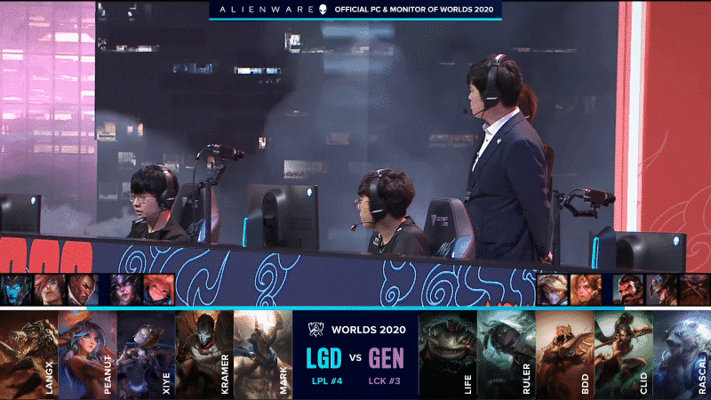 The Gen.G LoL team on the Worlds 2020 stage ahead of their game against LGD with their game draft below