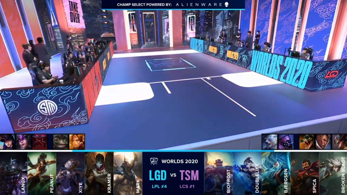 The LGD and TSM teams on the Worlds 2020 stage with their match drafts below
