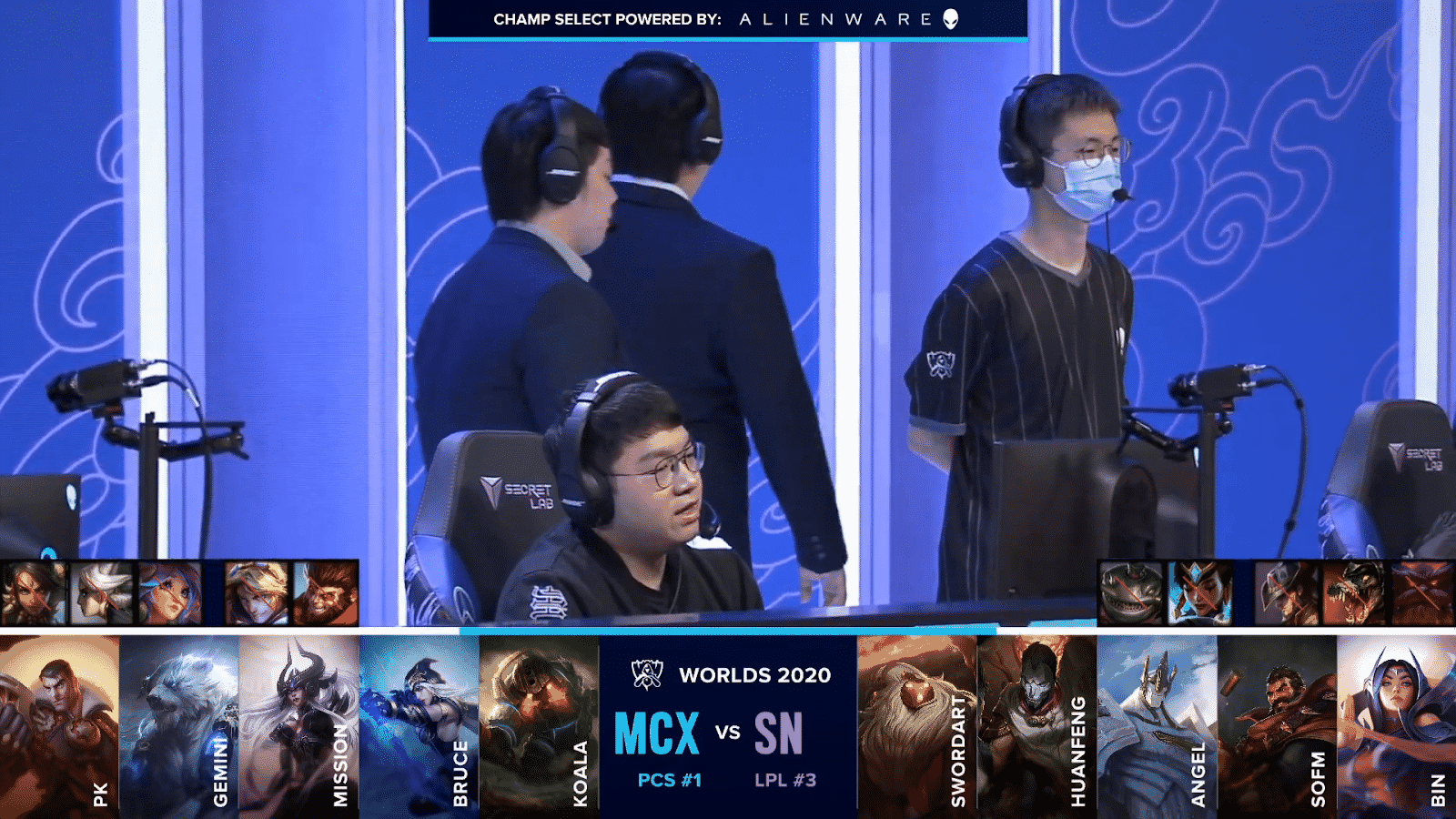 The Machi Esports players and coaches prepare for a Worlds 2020 match with their draft against Suning below