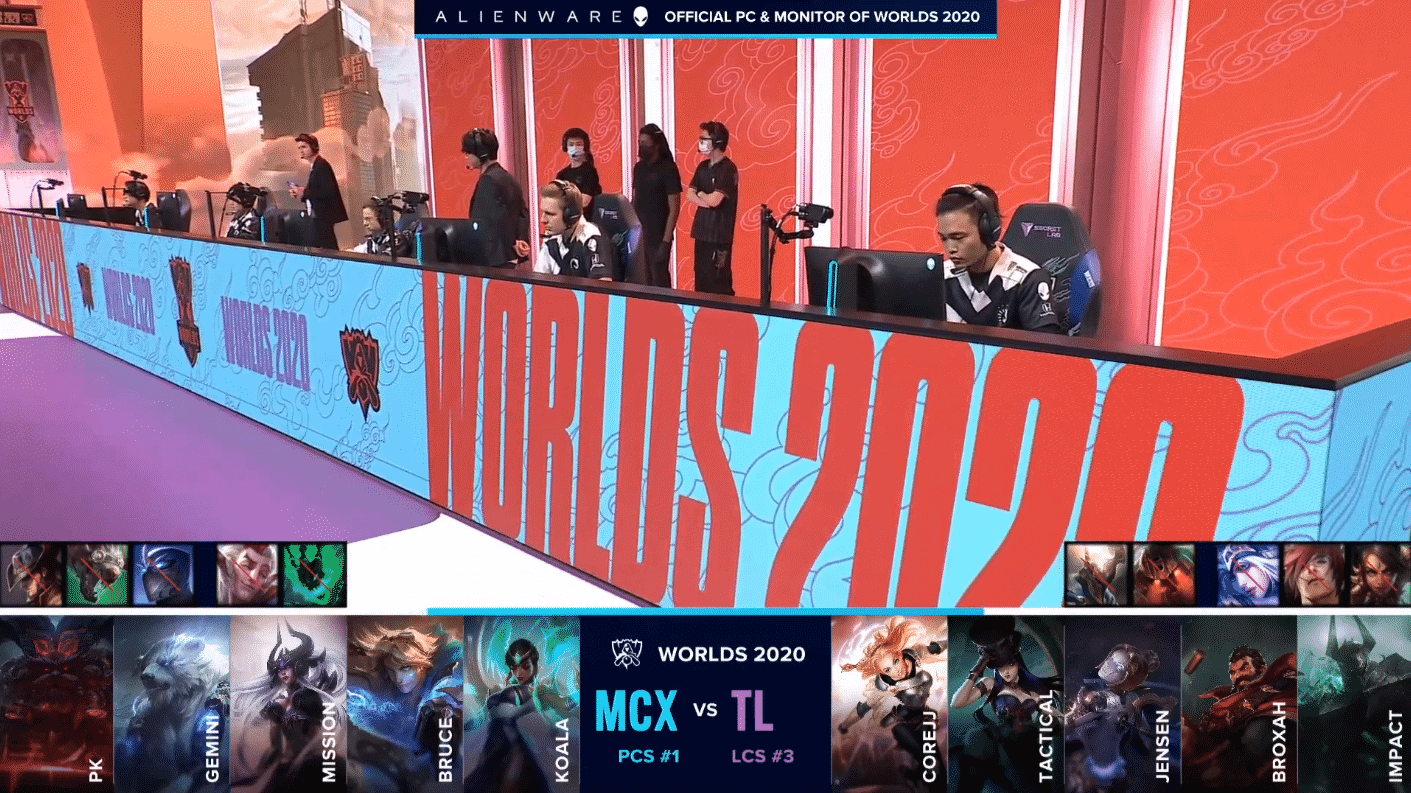 The Team Liquid LoL squad on the Worlds 2020 stage with their draft versus Machi below