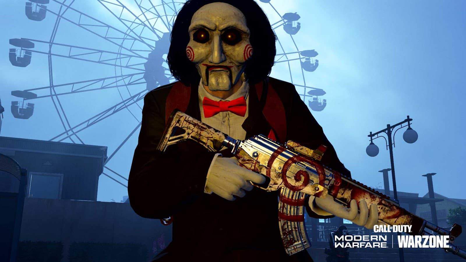 The character from SAW in Call of Duty Modern Warfare and Warzone running through an amusement park at night with an ak47