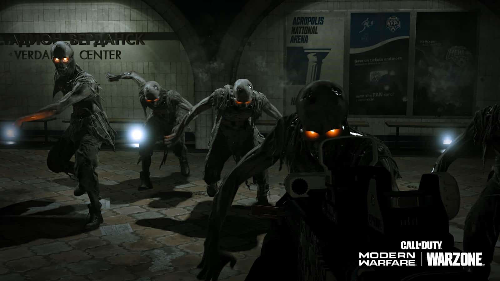 A first person screenshot of a player in Call of Duty Modern Warfare and Warzone being chased by zombies in a metro station