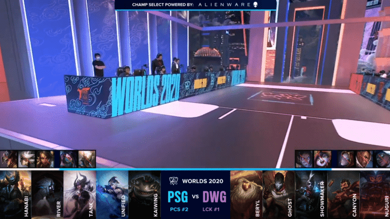 The PSG Talon LoL team on the Worlds 2020 stage with their draft against Damwon below