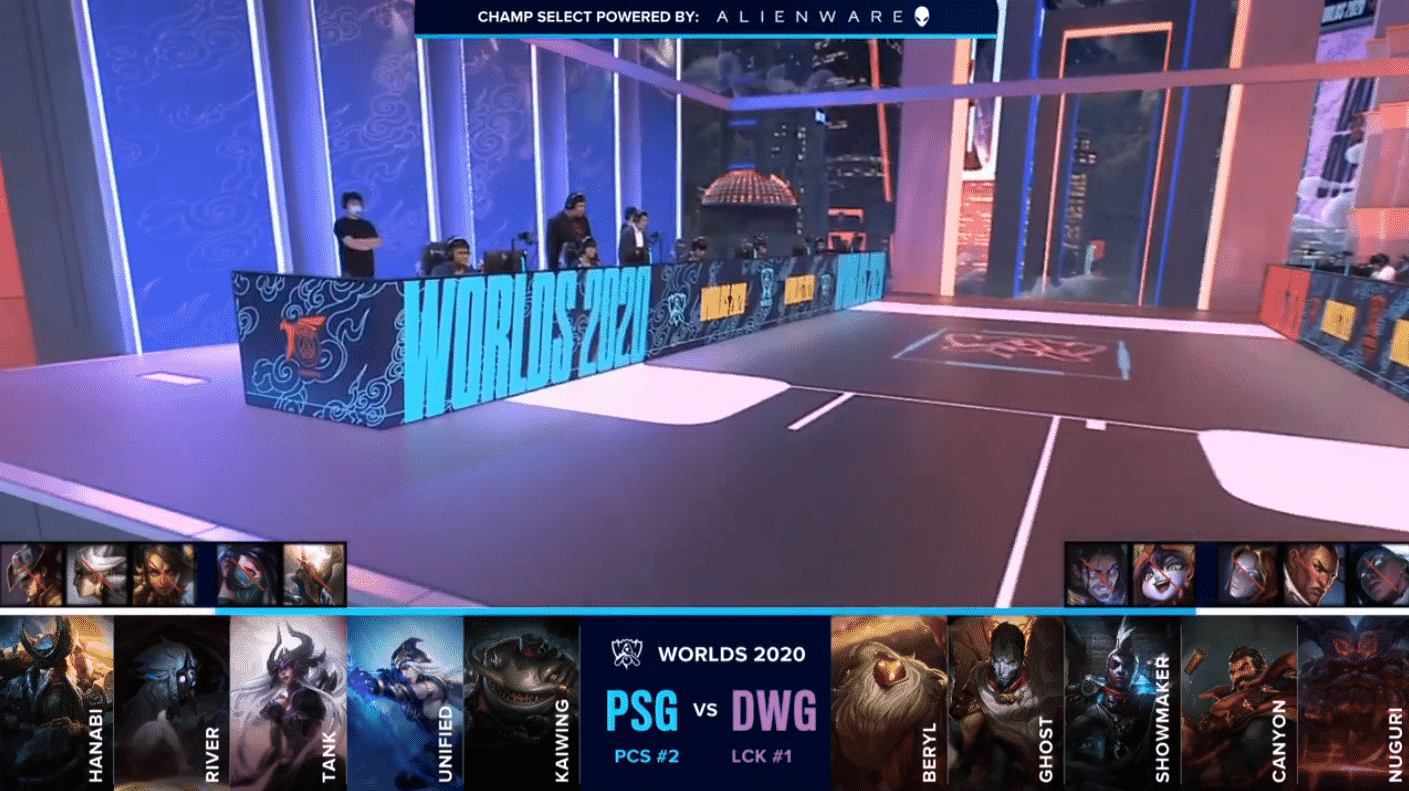 The PSG Talon LoL team on the Worlds 2020 stage with their draft against Damwon below