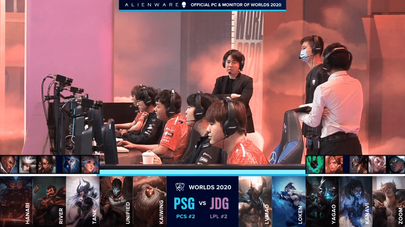 The JD Gaming LoL team on the Worlds 2020 stage before their game versus PSG Talon, with the teams' team drafts below