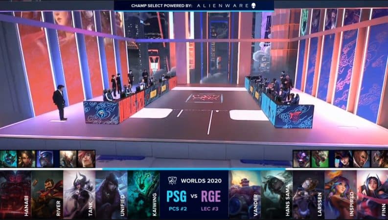 The PSG and Rogue LoL teams on the Worlds 2020 stage with their game drafts below