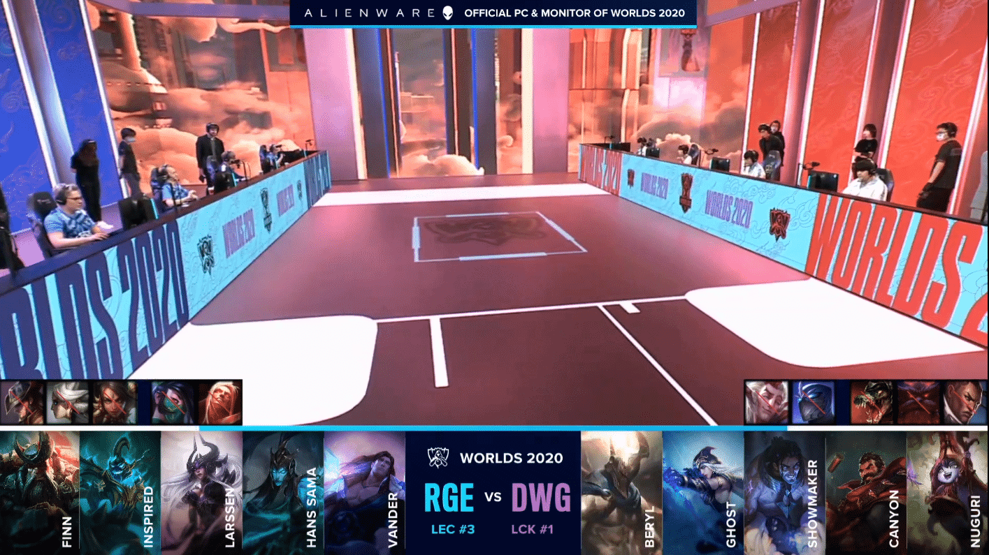 The Rogue and Damwon Gaming LoL squads on the Worlds 2020 stage with their team drafts below