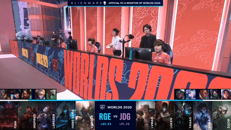 The JDG LoL team on the Worlds 2020 stage ahead of their game against Rogue with the team drafts below
