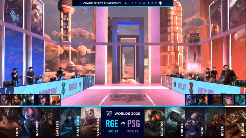 The Rogue and PSG Talon LoL teams on the Worlds 2020 stage with their game drafts below