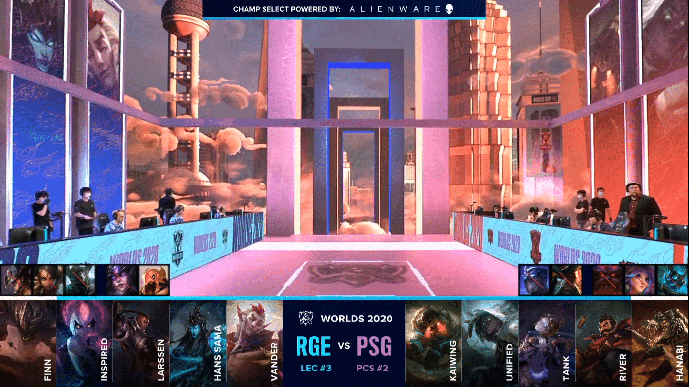 The Rogue and PSG Talon LoL teams on the Worlds 2020 stage with their game drafts below