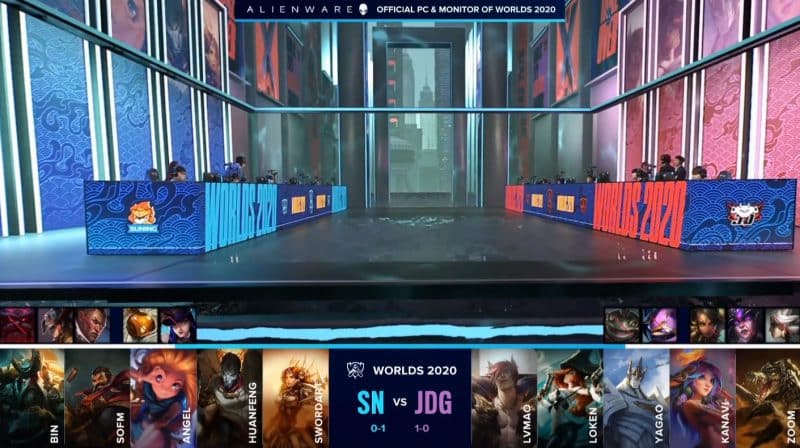 The Suning and JD Gaming LoL teams on a flooded worlds 2020 stage with their game two drafts below
