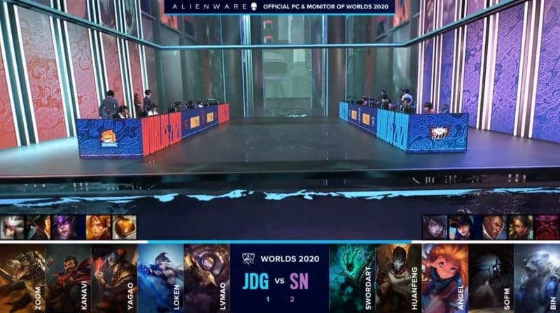 The Suning and JD Gaming LoL rosters on the flooded worlds 2020 stage with their game four drafts below