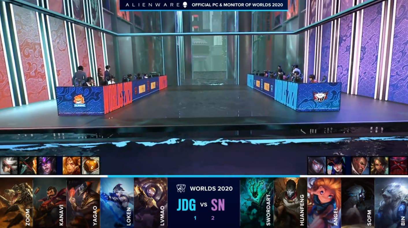 The Suning and JD Gaming LoL rosters on the flooded worlds 2020 stage with their game four drafts below