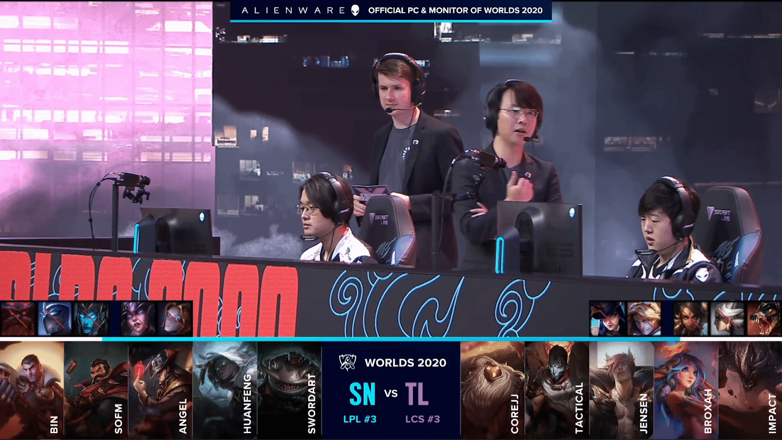 The Team Liquid players and coaches on the Worlds 2020 stage ahead of their game versus Suning with the team drafts below