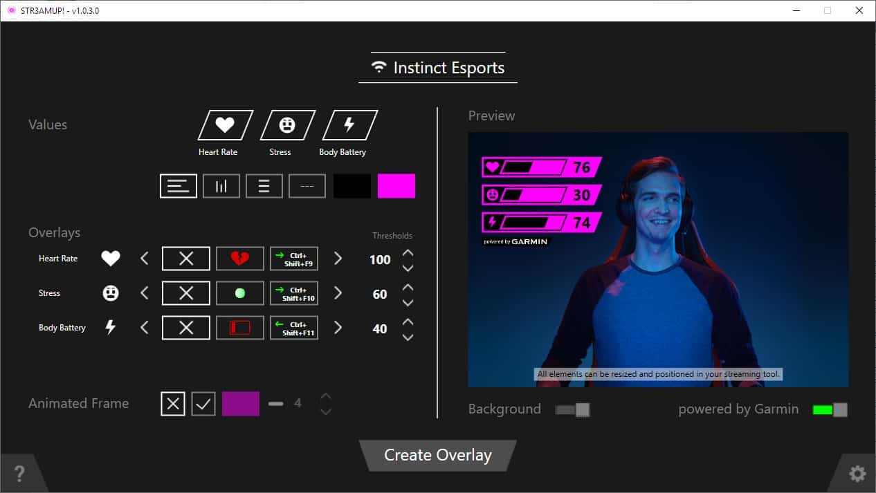 An example of the Garmin Instinct Esports Edition utilizing the STR3AMUP! software monitoring heart rate and stress levels