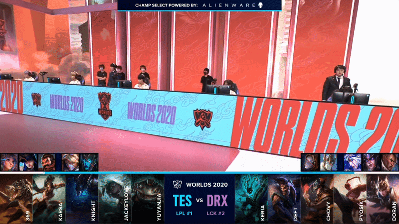 The DRX LoL team on the Worlds 2020 stage ahead of their game against Top Esports with the game draft below