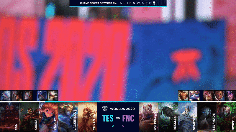 A blurry picture of a Worlds 2020 and a Fnatic logo shows above the TES and FNC drafts for game one