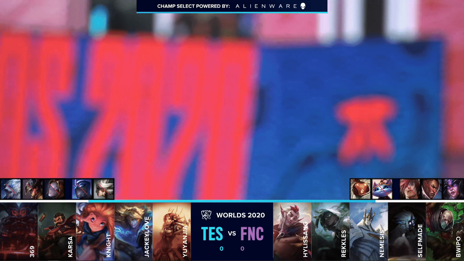A blurry picture of a Worlds 2020 and a Fnatic logo shows above the TES and FNC drafts for game one