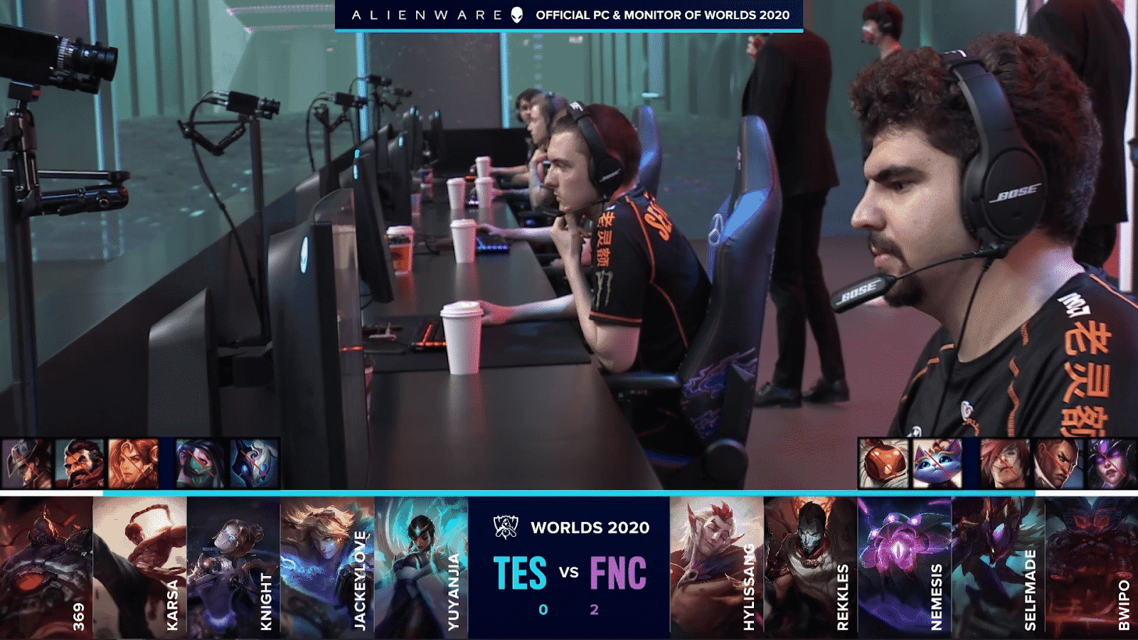 The Fnatic LoL team on the Worlds 2020 stage before their game against Top Esports with their game three drafts below