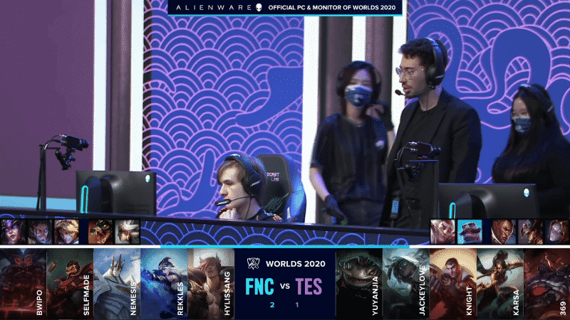 Fnatic's Mithy and Nemesis on the Worlds 2020 stage ahead of their match versus Top Esports with their game four drafts below
