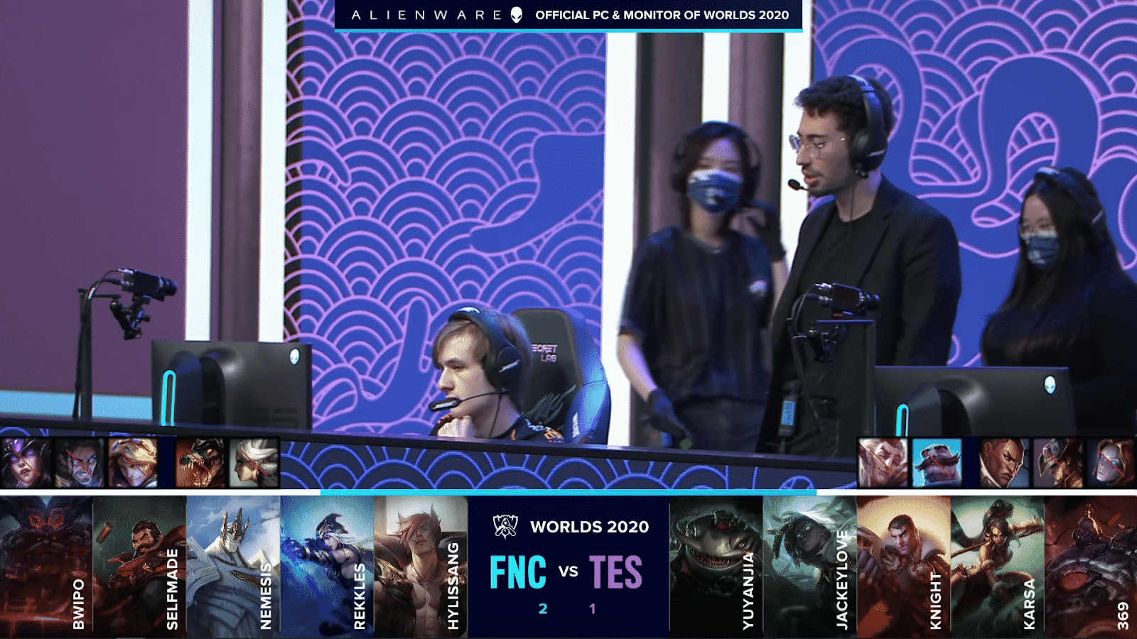 Fnatic's Mithy and Nemesis on the Worlds 2020 stage ahead of their match versus Top Esports with their game four drafts below
