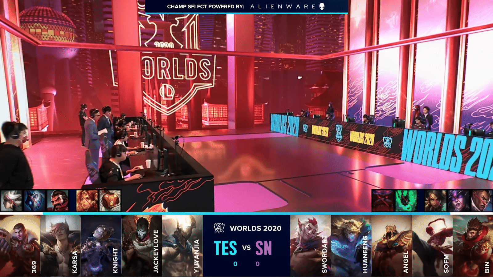 The Top Esports and Suning LoL teams on the Worlds 2020 stage with their game one drafts below