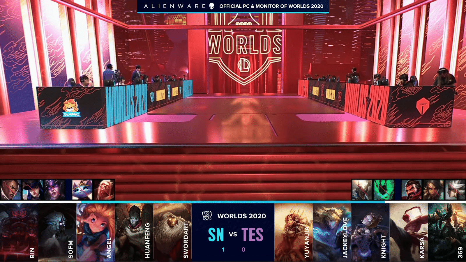 The Top Esports and Suning LoL teams on the Worlds 2020 stage with their game two drafts below