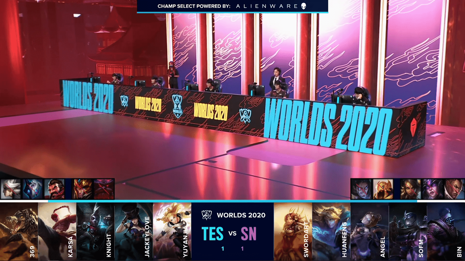 The Top Esports LoL team on the Worlds 2020 stage before their game against Suning with the game three drafts below