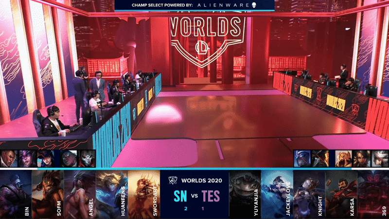 The Top Esports and Suning LoL teams on the Worlds 2020 stage with their game three drafts below