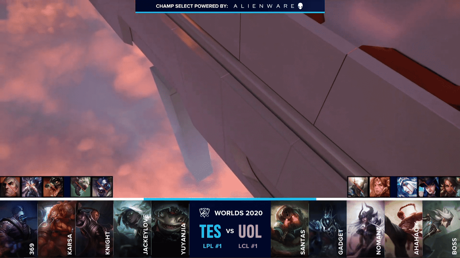 A picture of a stage in the clouds for Worlds 2020 with the Top Esports and Unicorns of Love draft below