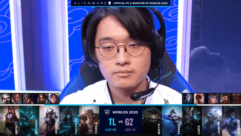 A player cam on TL's CoreJJ with the Team Liquid and G2 Esports game drafts below