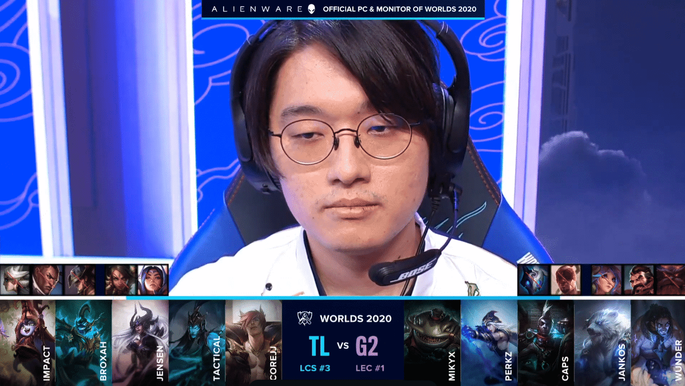 A player cam on TL's CoreJJ with the Team Liquid and G2 Esports game drafts below