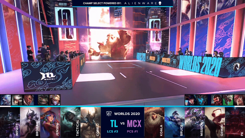 The Team Liquid and Machi Esports LoL teams on the Worlds 2020 stage with their game drafts below