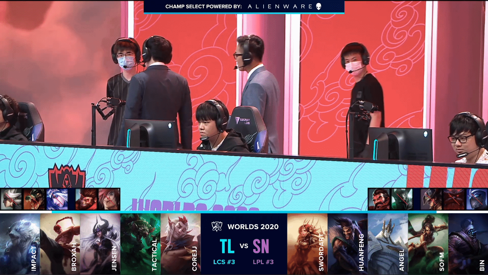 The Suning LoL team and coaches on the Worlds 2020 stage about to jump into game versus Team Liquid with the teams' drafts below