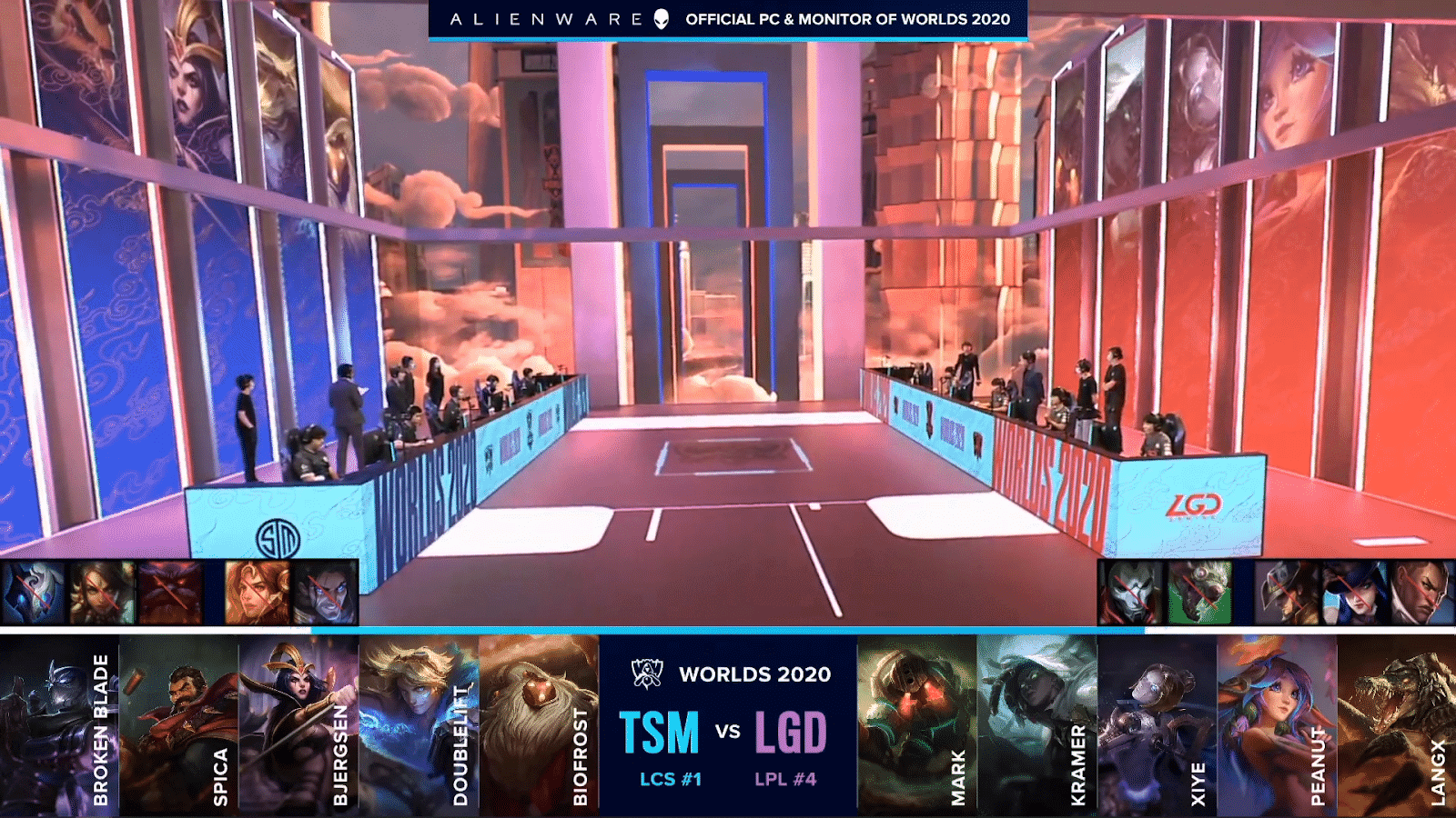 The TSM and LGD LoL squads on the Worlds 2020 stage and their game drafts below