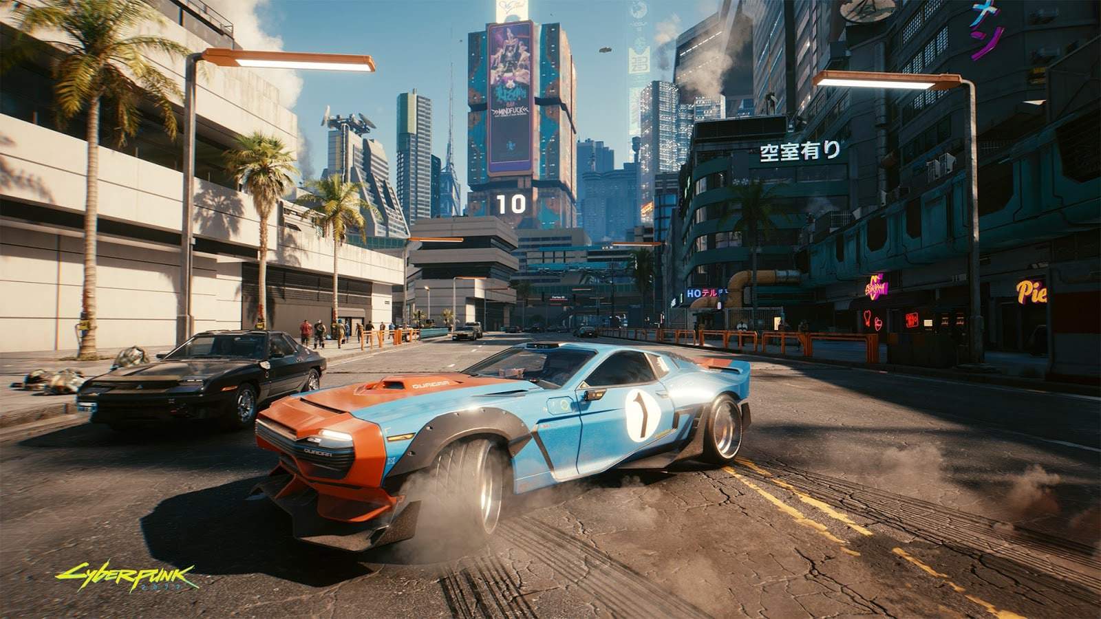 A picture of a two cars racing through a futuristic city in Cyberpunk 2077