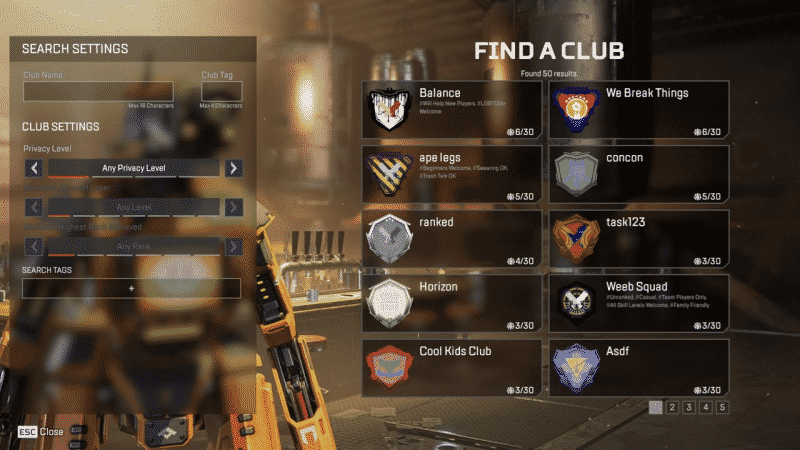 An Apex Legends menu showing club options in-game, including buttons on selecting clubs to join and search settings to find the clubs with a robot in a factory in the background