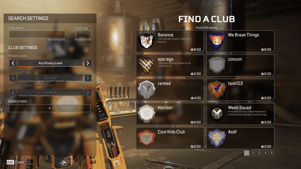 An Apex Legends menu showing club options in-game, including buttons on selecting clubs to join and search settings to find the clubs with a robot in a factory in the background