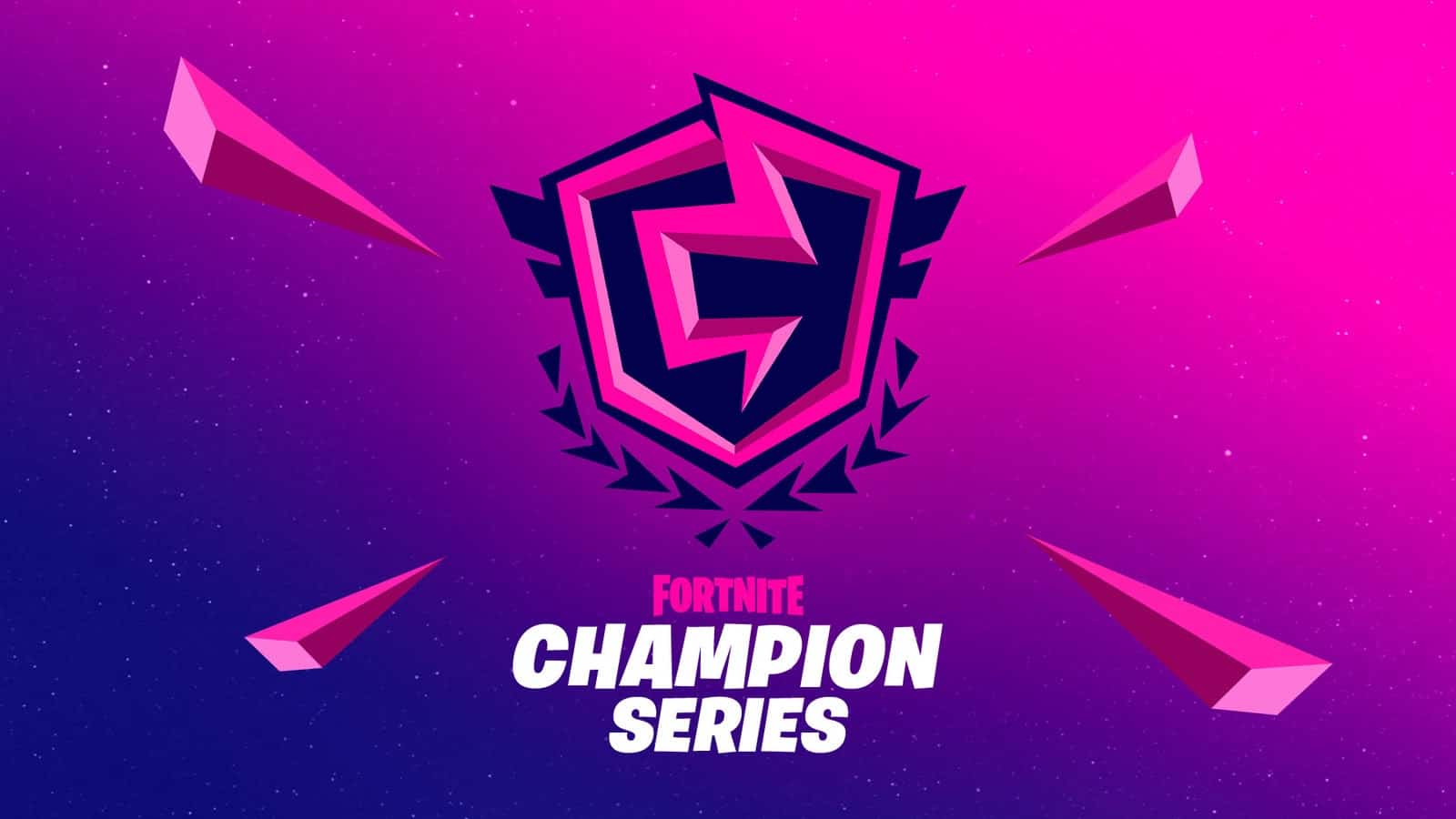 The pink FNCS logo depicting the storm appears against a purple and pink background. The words Fortnite Championship Series appear below in bold pink and white font