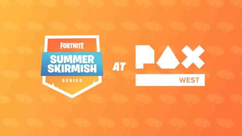 An orange background featuring a shield with the words "Fortnite Summer Skirmish" written on it. The PAX West logo appears alongside