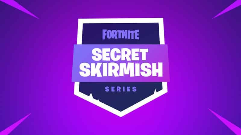 The promotional image for the Secret Skirmish. A dark purple shield with the words "Fortnite Secret Skirmish" 