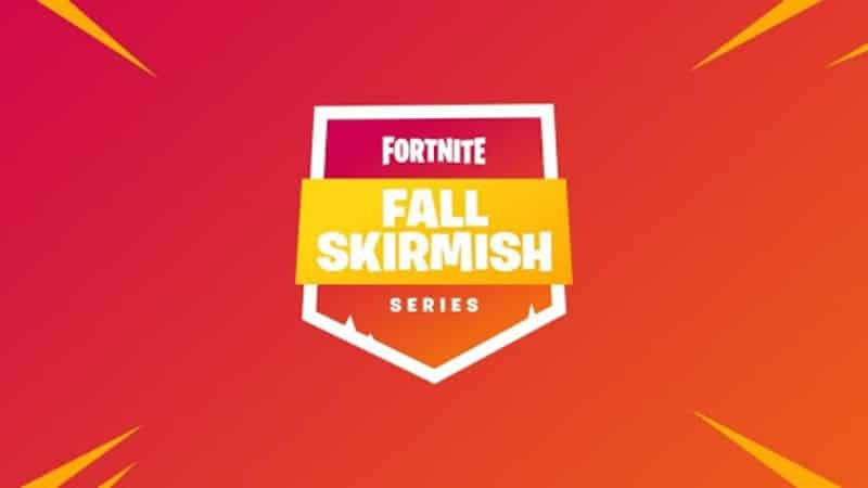 The promotional image for the Fall skirmish. A red shield with the words "Fortnite Fall Skirmish" 