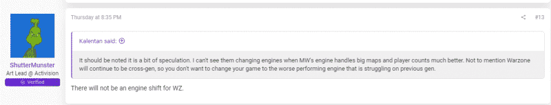 A Resetera forum post by the user ShutterMunster, Art Lead at Activision, replies to another post saying "There will not be an engine shift for WZ"
